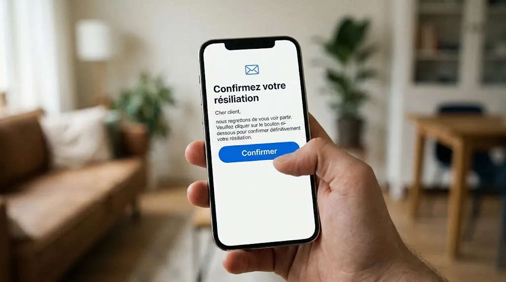 Smartphone affichant un e-mail pour confirmer la résiliation