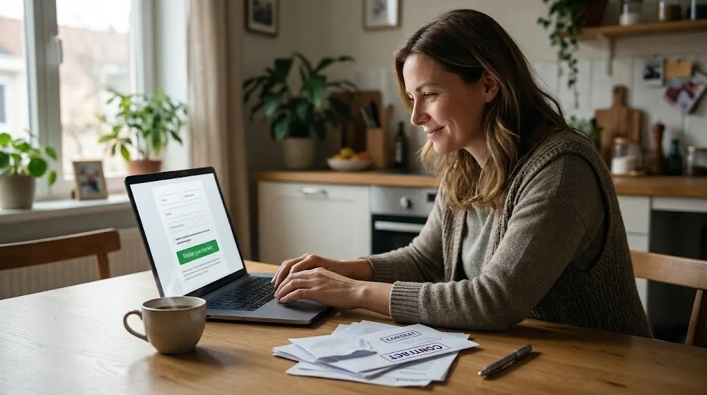 Femme qui résilie gratuitement un abonnement sur son ordinateur portable à la table de cuisine