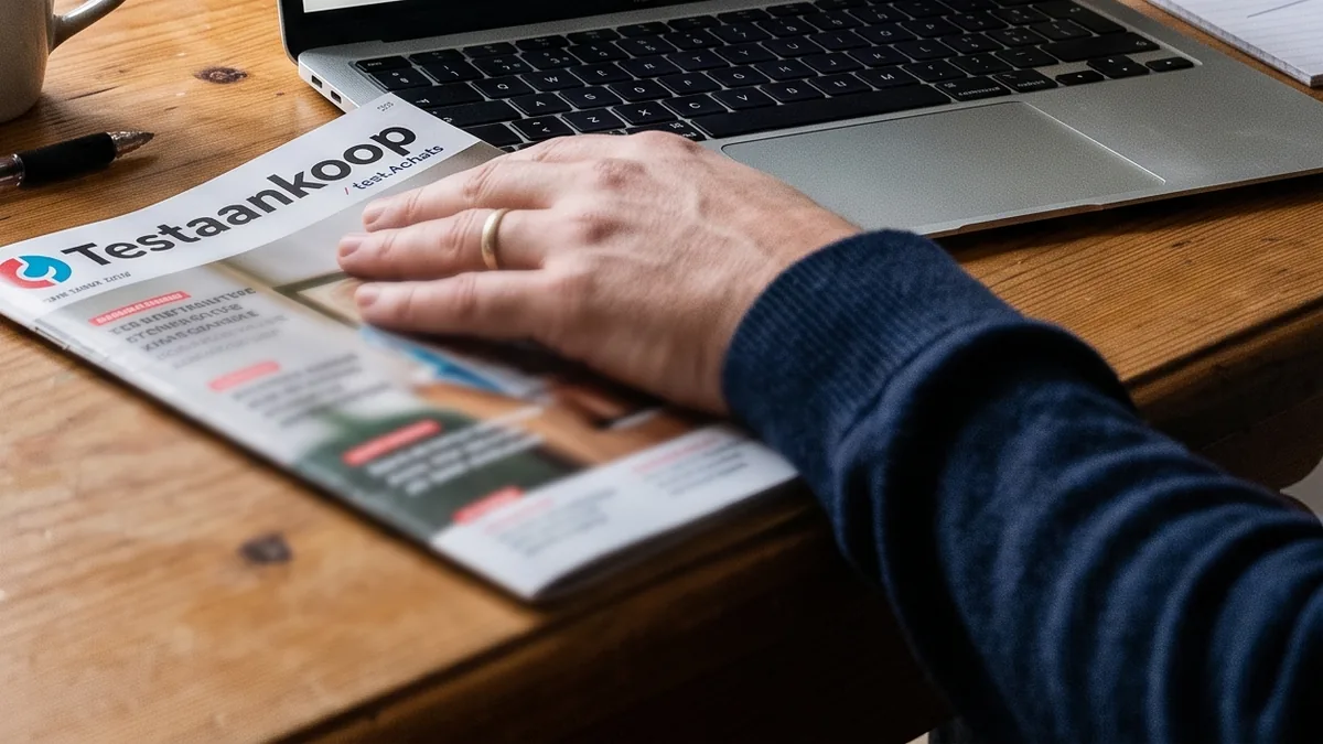 Een exemplaar van het Testaankoop-magazine op een bureau, naast een laptop