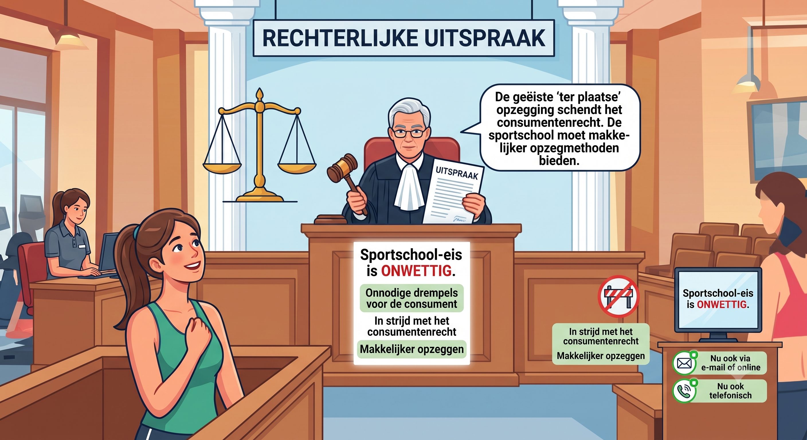 Rechter in de rechtszaal leest een uitspraak voor waarin staat dat de sportschool-eis om alleen aan de balie op te zeggen onwettig is; een opgeluchte consument kijkt toe, met iconen die tonen dat opzeggen nu ook per e-mail, online of telefonisch kan.