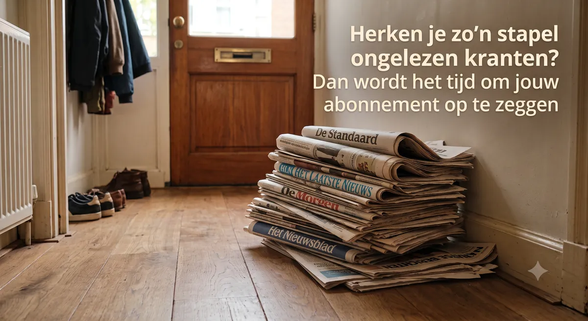 Een stapel ongelezen Belgische kranten, met De Standaard, Het Laatste Nieuws, De Morgen en Het Nieuwsblad, op de vloer in een gang bij de voordeur.