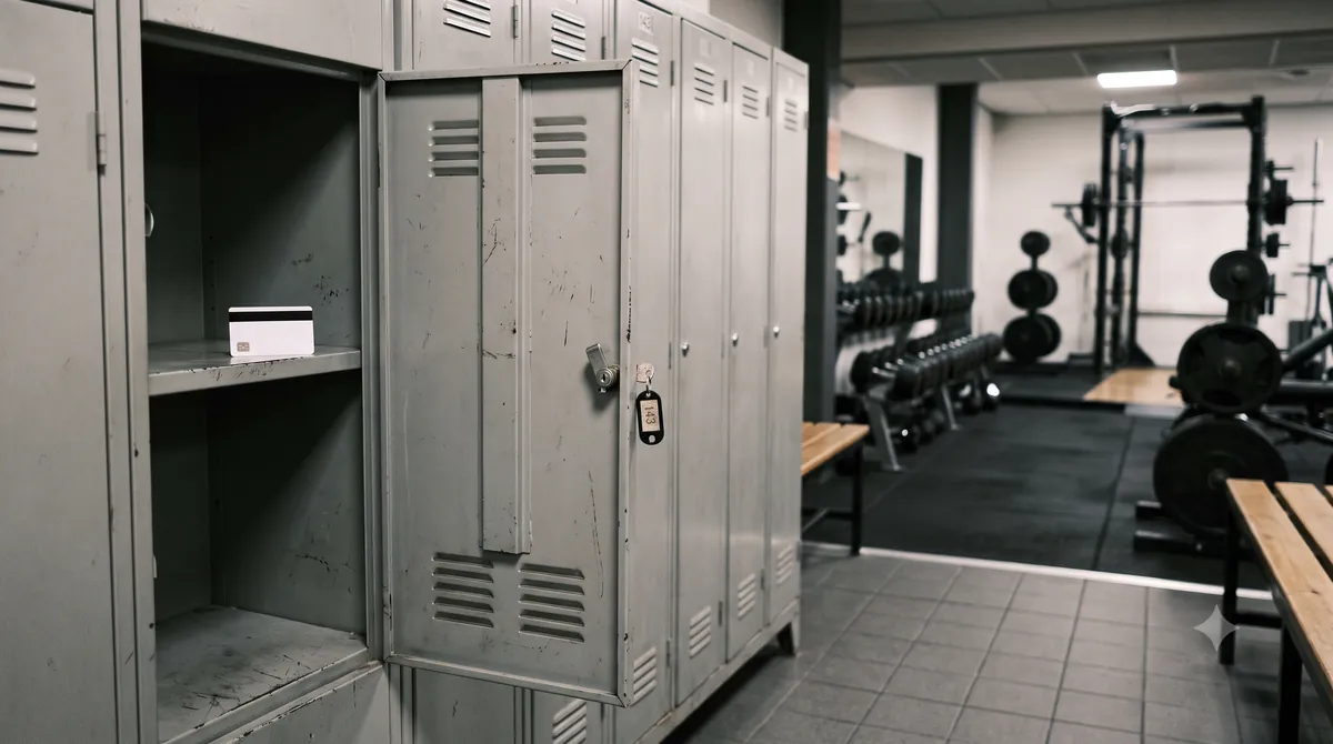 Open kluisjes in de kleedruimte van een fitnessclub, met halters en een squatrek op de achtergrond.
